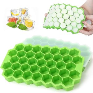 Ice Cube Trays Silicone Ice Cube Molds, Easy-Release and Flexible 37 Ice Trays for Whiskey Cocktail, Stackable and Safe Ice Cube Honeycomb Fridge Bar Soft Tray (Silicon ICE Tray(with LID))